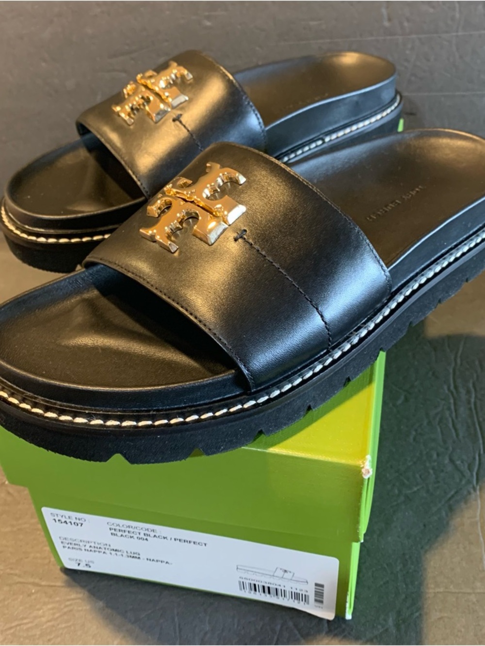 Tory Burch EVERLY ANATOMIC LUG Black Leather Slide Sandals w Gold Logo 7.5 NIB